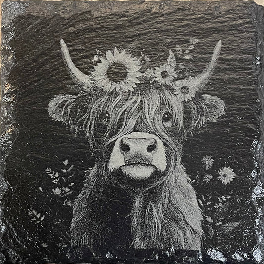 Laser Engraved Slate Coasters -Highland Cows- SET OF 4