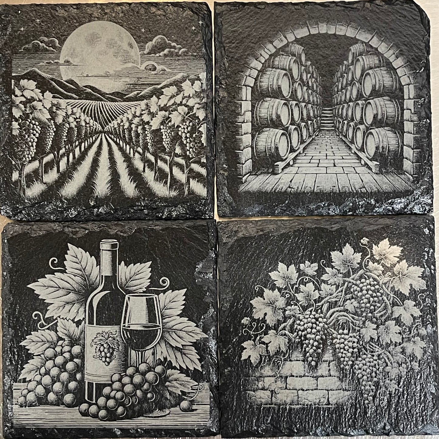 Laser Engraved Slate Coasters - Rustic Vineyard - SET OF 4