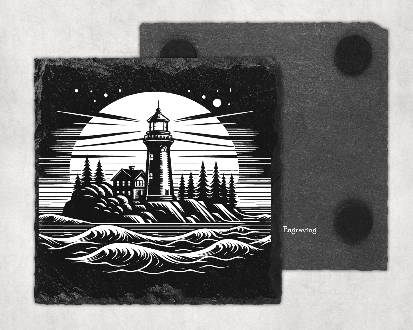 Engraved slate coaster with lighthouse design on a white background