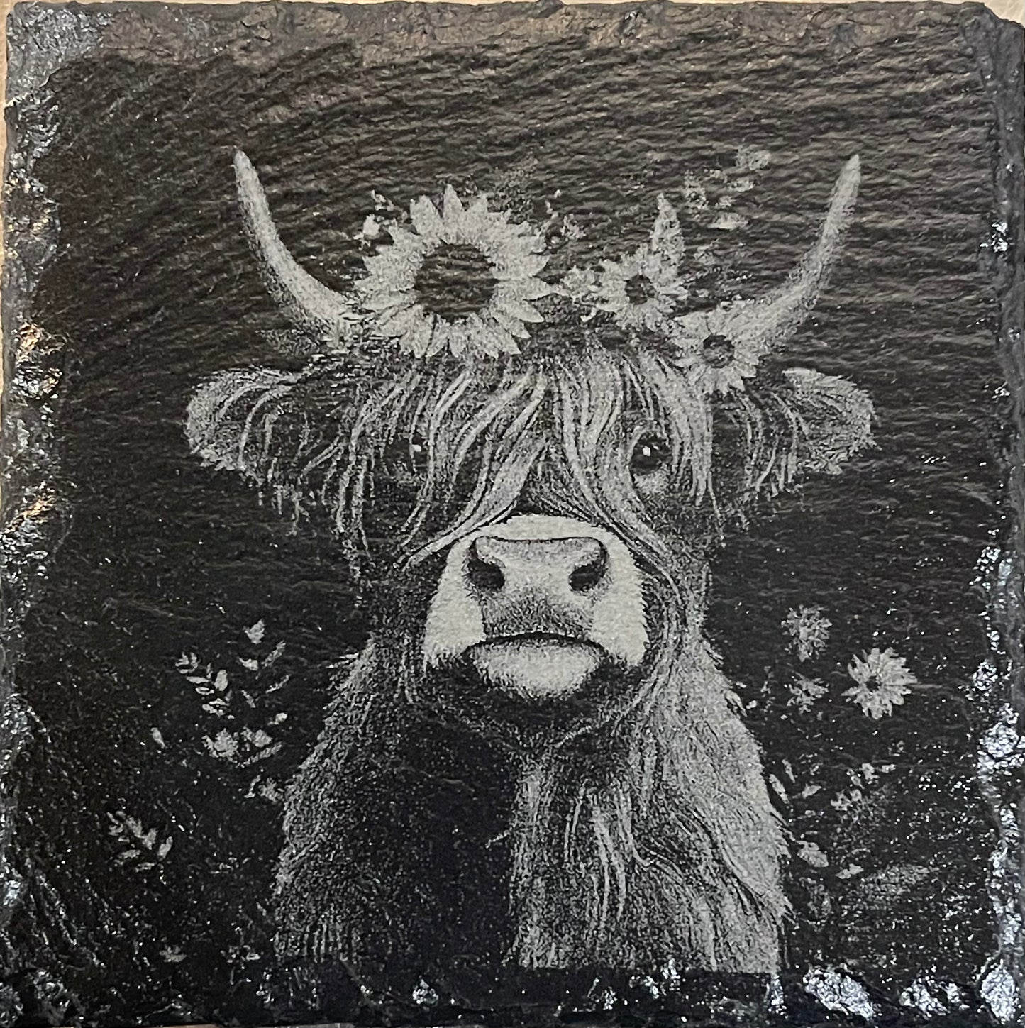 Laser Engraved Slate Coasters -Highland Cows- SET OF 4