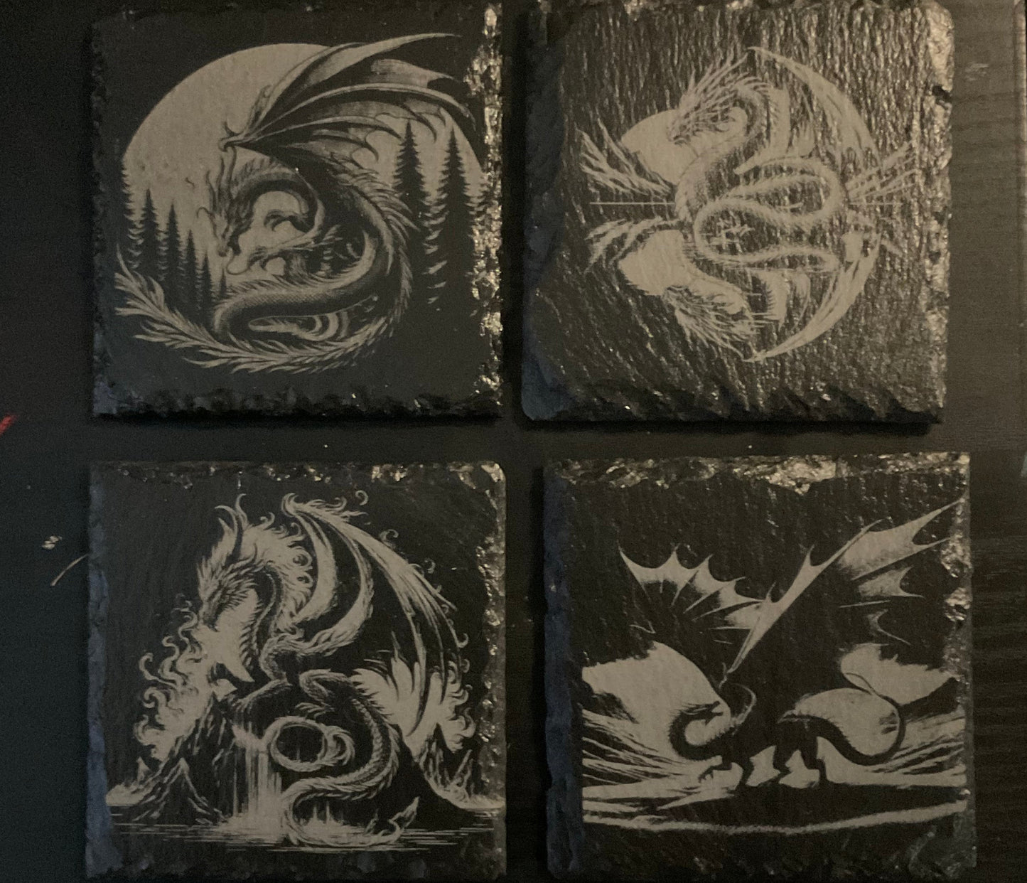 Laser Engraved Slate Coasters -Dragons- SET OF 4
