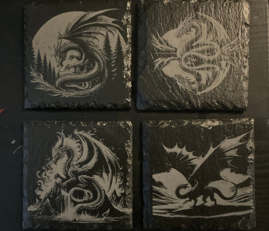 Laser Engraved Slate Coasters -Dragons- SET OF 4