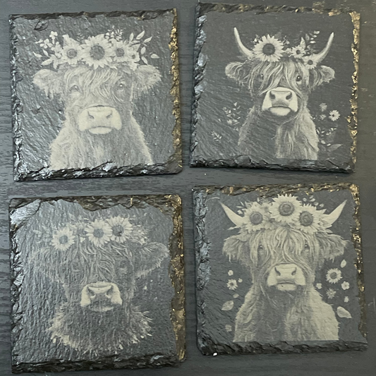 Laser Engraved Slate Coasters -Highland Cows- SET OF 4